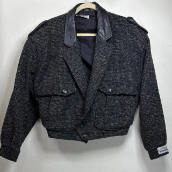(P2)Florenzi vintage wool jacket with leather collar and shoulder pads, size L,W - Picture 1 of 10